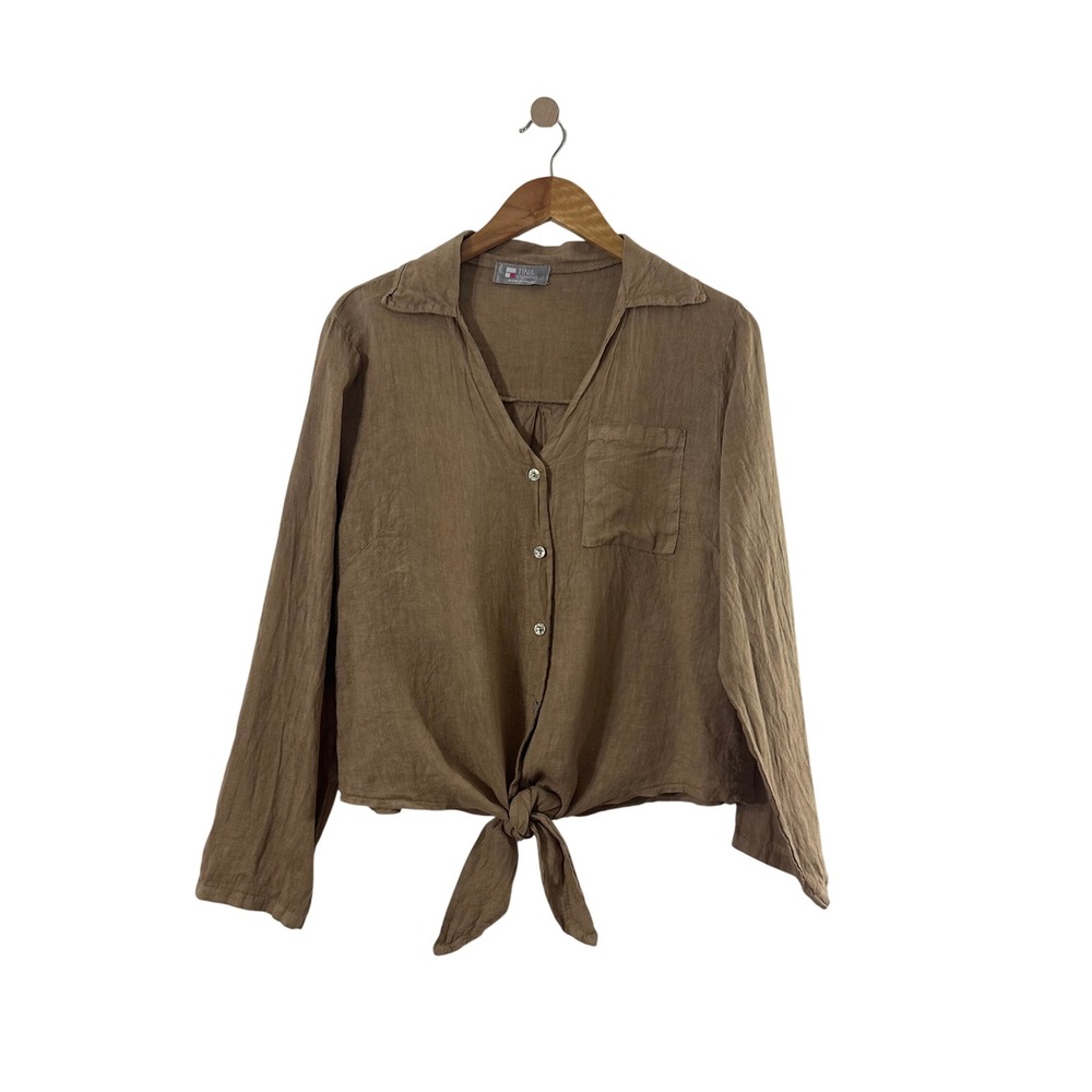 Tina Stephens Brown 100% Linen Tie Front Button Down Shirt Made in Italy ART